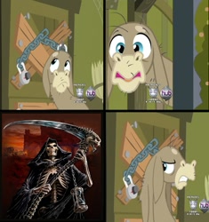 Size: 1307x1389 | Tagged: safe, edit, edited screencap, screencap, cranky doodle donkey, donkey, a friend in deed, grim reaper, hub logo, male, meme, scythe