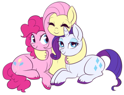 Size: 725x556 | Tagged: safe, artist:lulubell, fluttershy, pinkie pie, rarity, earth pony, pegasus, pony, unicorn, female, flaripie, flarity, flutterpie, lesbian, ot3, polyamory, raripie, shipping, simple background, transparent background