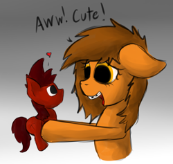 Size: 1280x1213 | Tagged: safe, artist:marsminer, oc, oc only, oc:mars miner, oc:venus spring, earth pony, pony, unicorn, braces, female, floppy ears, heart, holding a pony, male, mare, marspring, open mouth, plushie, short horn, smiling, stallion