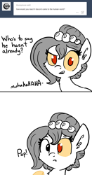 Size: 916x1749 | Tagged: safe, artist:tjpones, oc, oc only, oc:brownie bun, horse wife, ask, contact lens, cute, evil grin, fail, monochrome, solo, tumblr, x wasn't discord all along