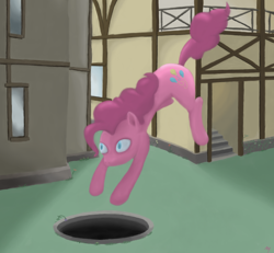 Size: 1510x1393 | Tagged: safe, artist:schlachthoffohlen, pinkie pie, earth pony, pony, artful dodge, female, flower, jumping, magic the gathering, mare, solo