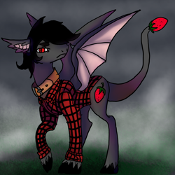 Size: 1730x1730 | Tagged: safe, artist:brainiac, oc, oc only, bat pony, fruit bat, pony, undead, vampire, vampire fruit bat, vampony, food, fullbody, solo, strawberry, unshorn fetlocks