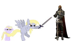 Size: 2100x1172 | Tagged: safe, derpy hooves, dinky hooves, pegasus, pony, unicorn, angry, female, filly, ganondorf, mare, simple background, sword, the legend of zelda, weapon, white background