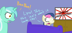 Size: 900x419 | Tagged: safe, bon bon, lyra heartstrings, sweetie drops, earth pony, pony, unicorn, bon-bon's secret, coldmirror, exploitable meme, female, japanoschlampen, mare, meme, sofa