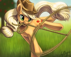 Size: 900x720 | Tagged: safe, artist:laurenmagpie, applejack, earth pony, pony, female, grass, lasso, mare, mouth hold, rope, solo