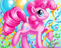 Size: 900x720 | Tagged: safe, artist:laurenmagpie, pinkie pie, earth pony, pony, abstract background, balloon, female, mare, profile, raised hoof, smiling, solo