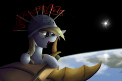 Size: 3000x2000 | Tagged: safe, artist:marsminer, derpy hooves, pegasus, pony, slice of life (episode), cute, female, helmet, high res, mare, muffin 1, open mouth, planet, smiling, solo, space, sun