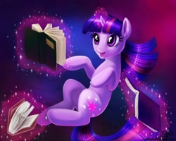 Size: 900x720 | Tagged: safe, artist:laurenmagpie, twilight sparkle, unicorn twilight, pony, unicorn, abstract background, book, female, floating, magic, mare, solo, telekinesis