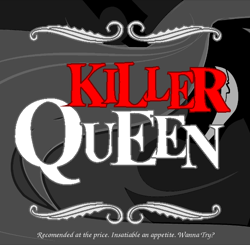 Size: 600x589 | Tagged: safe, artist:the-orator, queen chrysalis, changeling, changeling queen, album cover, female, killer queen, queen (band), smiling, solo, text