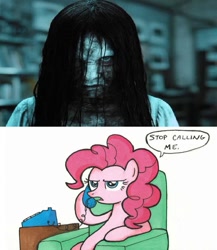 Size: 649x746 | Tagged: safe, artist:madmax, pinkie pie, earth pony, pony, female, mare, meme, phone, sadako, samara morgan, sitting, stop calling me, the ring