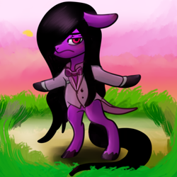 Size: 1024x1024 | Tagged: safe, artist:brainiac, oc, oc only, oc:brainiac, anthro, animal crossing, chibi, clothes, cute, full body, grass, sky, solo, suit, sunset, tuxedo