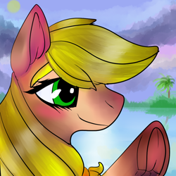 Size: 1024x1024 | Tagged: safe, artist:brainiac, applejack, earth pony, pony, blushing, implied lesbian, implied rarijack, implied shipping, offscreen character, portrait, scenery, solo