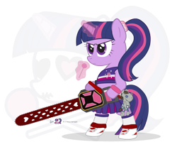 Size: 875x750 | Tagged: safe, artist:dm29, smarty pants, twilight sparkle, semi-anthro, chainsaw, juliet starling, lollipop chainsaw, simple background, solo, suda51, transparent background