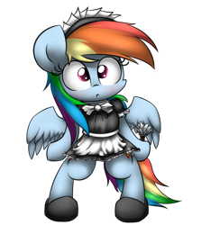 Size: 2500x2800 | Tagged: safe, artist:heavymetalbronyyeah, rainbow dash, pegasus, pony, semi-anthro, bipedal, blushing, clothes, cute, dress, female, maid, mare, rainbow dash always dresses in style, simple background, solo, surprised, transparent background