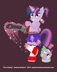 Size: 800x1000 | Tagged: safe, artist:paulrus-keaton, spike, twilight sparkle, dragon, semi-anthro, chainsaw, disembodied head, female, lollipop chainsaw, male