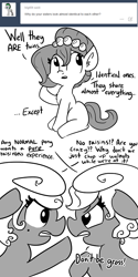 Size: 726x1452 | Tagged: safe, artist:tjpones, oc, oc only, oc:brownie bun, oc:cinnamon bun, oc:sticky bun, horse wife, argument, ask, monochrome, tumblr, twins