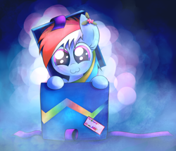 Size: 2800x2400 | Tagged: safe, artist:heavymetalbronyyeah, rainbow dash, pegasus, pony, :3, abstract background, blushing, christmas, cute, dashabetes, female, high res, looking at you, mare, pony in a box, present, smiling, solo, wingless