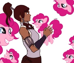 Size: 800x677 | Tagged: safe, artist:mtlo, pinkie pie, earth pony, human, pony, crossover, female, korra, mare, multeity, simple background, the legend of korra, white background