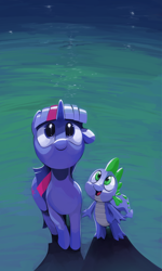 Size: 2824x4705 | Tagged: safe, artist:dimfann, spike, twilight sparkle, dragon, looking up, open mouth, smiling, stargazing