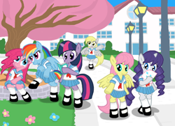 Size: 900x650 | Tagged: safe, artist:shutterflye, derpy hooves, fluttershy, pinkie pie, rainbow dash, rarity, twilight sparkle, pegasus, pony, unicorn, bipedal, clothes, sailor uniform, school, school uniform, schoolgirl, uniform