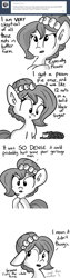 Size: 777x3108 | Tagged: safe, artist:tjpones, oc, oc only, oc:brownie bun, horse wife, :t, ask, eating, floppy ears, monochrome, open mouth, pecan pie, raised eyebrow, sheepish, solo, tumblr