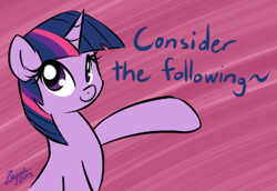 Size: 371x255 | Tagged: safe, artist:zajice, twilight sparkle, pony, unicorn, consider the following, cute, female, looking at you, mare, pointing, reaction image, smiling, solo