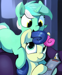 Size: 2500x3003 | Tagged: safe, artist:dimfann, bon bon, lyra heartstrings, sweetie drops, earth pony, pony, unicorn, adorabon, cute, female, friendship, lesbian, looking down, looking up, lyrabetes, lyrabon, magazine, missing cutie mark, nom, prone, shipping, smiling