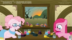 Size: 1921x1081 | Tagged: safe, artist:kman-studio, pinkie pie, earth pony, pony, duo, female, filly, glasses, granny pie, mare, mouth hold, paint, paintbrush, painting, rock, rock farm, younger