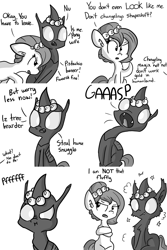 Size: 1466x2199 | Tagged: safe, artist:tjpones, oc, oc only, oc:brownie bun, oc:pistachio, changeling, horse wife, :i, annoyed, crossed hooves, cute, cuteling, fluffy, gasp, monochrome, nose wrinkle, open mouth, pushing, raised eyebrow, scrunchy face, shapeshifting, smiling, sparkles, wide eyes