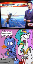 Size: 488x932 | Tagged: safe, artist:madmax, princess celestia, princess luna, alicorn, alien, kaiju, pony, female, food, invasion, mare, news, popcorn, reporter, s1 luna, spit take, television, wasp