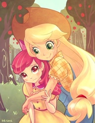 Size: 536x693 | Tagged: safe, artist:kerriwon, apple bloom, applejack, human, adorabloom, applebetes, clothes, cute, dress, female, hug, humanized, jackabetes, tree