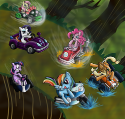 Size: 1423x1351 | Tagged: safe, artist:babero, applejack, fluttershy, pinkie pie, rainbow dash, rarity, twilight sparkle, earth pony, pegasus, pony, unicorn, everfree forest, female, mane six, mare, mario, mario kart, mario kart wii, motorcycle, piranha plant, super mario bros.