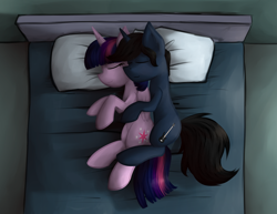 Size: 1280x987 | Tagged: safe, artist:marsminer, twilight sparkle, oc, oc:midnight song, bed, canon x oc, commission, cuddling, shipping, snuggling, spooning