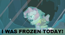 Size: 852x467 | Tagged: safe, edit, edited screencap, screencap, chancellor puddinghead, pinkie pie, earth pony, pony, hearth's warming eve (episode), female, hearth's warming eve, hub logo, i was frozen today, image macro, mare, meme, nostalgia critic, parody, solo, suburban commando, tgwtg