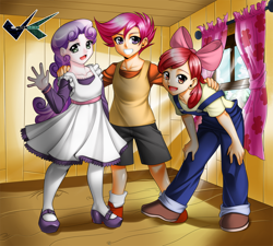 Size: 1000x900 | Tagged: safe, artist:jadenkaiba, apple bloom, scootaloo, sweetie belle, human, clothes, cutie mark crusaders, dress, female, humanized, mary janes, overalls