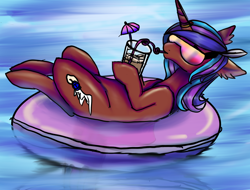 Size: 2048x1556 | Tagged: safe, artist:brainiac, oc, oc only, oc:rose sniffer, pony, unicorn, coffee, cute, female, inner tube, mare, solo, summer, sunglasses, water