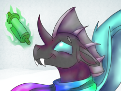 Size: 1600x1200 | Tagged: safe, artist:brainiac, thorax, changeling, the times they are a changeling, bust, clothes, cute, green fire, letter, portrait, scarf, scroll, solo