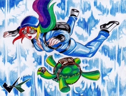 Size: 700x536 | Tagged: safe, artist:jadenkaiba, rainbow dash, tank, human, clothes, falling, female, fingerless gloves, gloves, goggles, humanized, parachute, skydiving