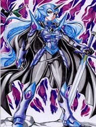 Size: 532x700 | Tagged: safe, artist:jadenkaiba, nightmare moon, human, badass, female, humanized, solo, sword, traditional art