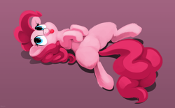 Size: 4000x2482 | Tagged: safe, artist:dimfann, pinkie pie, earth pony, pony, :p, belly, chest fluff, cute, diapinkes, ear fluff, featureless crotch, fluffy, leg fluff, looking up, on back, ponk, smiling, solo, tongue out