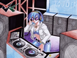 Size: 700x536 | Tagged: safe, artist:jadenkaiba, dj pon-3, vinyl scratch, human, breasts, clothes, commission, female, headphones, humanized, music, record, solo, sunglasses, traditional art, turntable