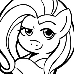 Size: 945x945 | Tagged: safe, artist:megasweet, fluttershy, pegasus, pony, black and white, bust, female, grayscale, looking at you, mare, monochrome, raised eyebrow, solo