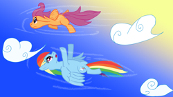 Size: 1920x1080 | Tagged: safe, artist:kalimdor89, rainbow dash, scootaloo, pegasus, pony, cloud, female, filly, flying, flying lesson, mare, scootaloo can fly, scootalove, sky, upside down, wallpaper