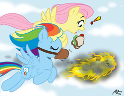 Size: 1232x952 | Tagged: safe, artist:megasweet, derpy hooves, fluttershy, rainbow dash, pegasus, pony, :p, cloud, cloudy, eating, eyes closed, feed bag, female, fire, flying, food, horses doing horse things, krystal can't enjoy her sandwich, mare, muffin, on fire, sandwich, shocked, smiling, spread wings, tongue out, trio, upside down, wat