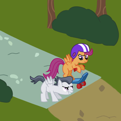 Size: 800x800 | Tagged: safe, artist:scootscoots, rumble, scootaloo, pegasus, pony, colt, female, filly, male, race, rumbloo, scooter, shipping, straight, under the old oak tree