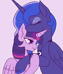 Size: 500x588 | Tagged: safe, artist:lulubell, princess luna, twilight sparkle, twilight sparkle (alicorn), alicorn, pony, female, kissing, lesbian, mare, shipping, simple background, twiluna, unshorn fetlocks