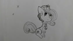 Size: 1280x720 | Tagged: safe, artist:tjpones, oc, oc only, oc:brownie bun, earth pony, pony, horse wife, cheek fluff, clothes, cutie mark, dress, ear fluff, female, flower, flower in hair, grayscale, mare, monochrome, sitting, solo, traditional art