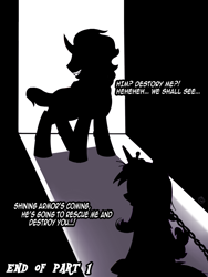 Size: 1000x1333 | Tagged: safe, artist:meggchan, king sombra, princess cadance, alicorn, pony, unicorn, comic:princess cadance x king sombra, bondage, chains, comic, dialogue, explicit source, female, grin, male, shipping, silhouette, somdance, straight