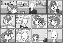 Size: 1280x883 | Tagged: safe, artist:tjpones, oc, oc only, oc:brownie bun, oc:richard, horse wife, coffee, comic, donut, hypocritical humor, monochrome, oats, onomatopoeia, tengwar