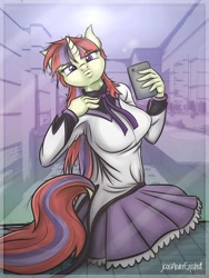 Size: 768x1024 | Tagged: safe, artist:jcosneverexisted, moondancer, anthro, amending fences, balloondancer, breasts, clothes, cosplay, costume, female, homura akemi, kissy face, puella magi madoka magica, selfie, skirt, solo